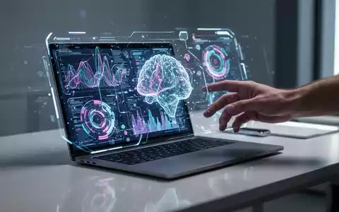 Nahaufnahme einer Hand, die mit einer holografischen KI-Schnittstelle interagiert, die von einem Laptop projiziert wird und Datenvisualisierungen zeigt. - Foto: über boerse-global.de