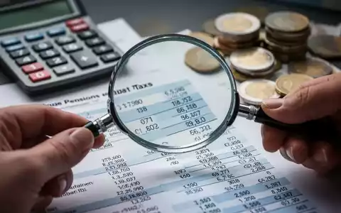 Eine Hand hält eine Lupe über ein Finanzdokument mit Renten- und Steuerzahlen, im Hintergrund ein Taschenrechner und Euro-Münzen. - Foto: über boerse-global.de