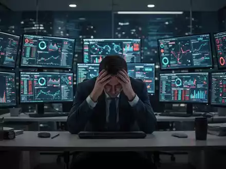 Ein erschöpfter CISO sitzt in einem dunklen Büro vor mehreren Bildschirmen, die komplexe Daten und Warnmeldungen anzeigen. - Foto: über boerse-global.de