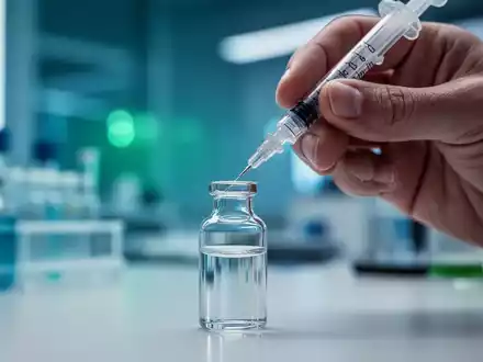 Nahaufnahme einer Hand, die eine Spritze hält, bereit, eine Flüssigkeit in eine kleine Glasphiole zu injizieren, im Hintergrund ein Labor. - Foto: über boerse-global.de