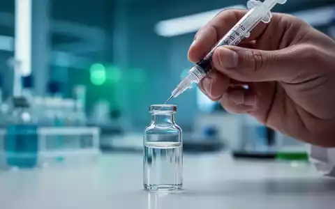 Nahaufnahme einer Hand, die eine Spritze hält, bereit, eine Flüssigkeit in eine kleine Glasphiole zu injizieren, im Hintergrund ein Labor. - Foto: über boerse-global.de