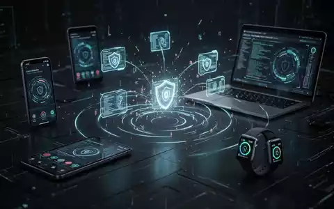 Digitale Darstellung von Datenpaketen, die drahtlos zwischen Smartphone, Laptop und Smartwatch übertragen werden, mit Glüheffekt. - Foto: über boerse-global.de