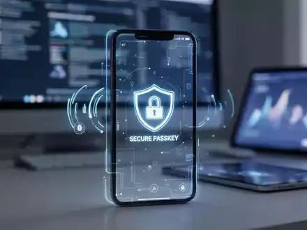 Ein Smartphone-Bildschirm zeigt ein Passkey-Symbol, im unscharfen Hintergrund sind ein Desktop-Computer und ein Tablet zu sehen. - Foto: über boerse-global.de
