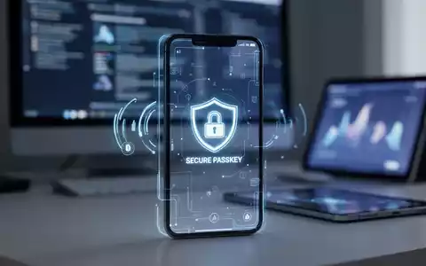 Ein Smartphone-Bildschirm zeigt ein Passkey-Symbol, im unscharfen Hintergrund sind ein Desktop-Computer und ein Tablet zu sehen. - Foto: über boerse-global.de