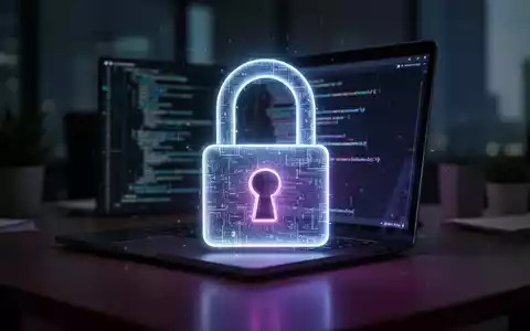 Leuchtendes digitales Vorhängeschloss über unscharfem Bürotisch mit Laptop, symbolisiert Datensicherheit und Cyber-Bedrohungen. - Foto: über boerse-global.de