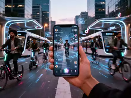 Eine dynamische Aufnahme einer modernen Stadtstraße in der Dämmerung, mit E-Scootern und Fahrrädern in Bewegung und einer Smartphone-App-Integration. - Foto: über boerse-global.de