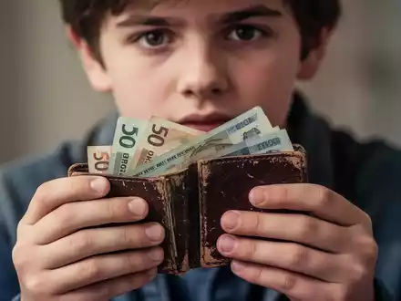 Nahaufnahme der Hände einer jungen Person, die ein Portemonnaie mit einigen Euroscheinen hält, im Hintergrund ein unscharfes Gesicht. - Foto: über boerse-global.de