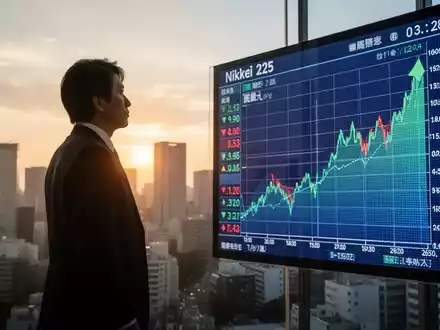 Ein japanischer Geschäftsmann vor der Skyline von Tokio bei Sonnenaufgang, der auf einen digitalen Börsenchart mit einem Aufwärtstrend blickt. - Foto: über boerse-global.de