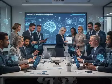 Mitarbeiter in einem modernen Büro lernen über KI-Konzepte und -Regulierungen, was die KI-Kompetenzpflicht des EU AI Act widerspiegelt. - Foto: über boerse-global.de