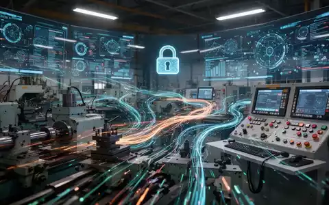 Eine futuristische Produktionshalle mit leuchtenden Bildschirmen und Datenströmen, die sich über Maschinen erstrecken, symbolisiert Cybersicherheit in der Fertigung. - Foto: über boerse-global.de