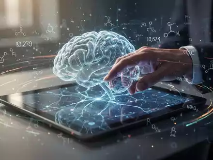 Eine Hand interagiert mit einem Tablet, das ein neuronales Netz und Wissenssymbole anzeigt, umgeben von leuchtenden Datenströmen. - Foto: über boerse-global.de