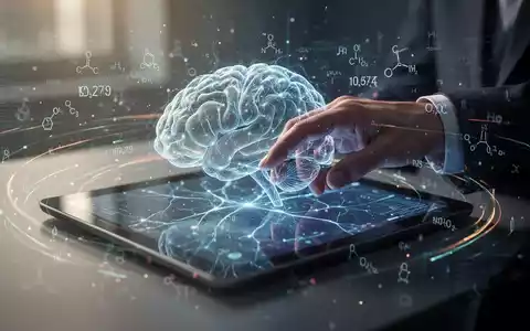 Eine Hand interagiert mit einem Tablet, das ein neuronales Netz und Wissenssymbole anzeigt, umgeben von leuchtenden Datenströmen. - Foto: über boerse-global.de