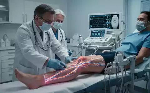 Nahaufnahme eines Beines, das mit modernster Technologie zur Gefäßdiagnostik untersucht wird, mit sichtbaren leuchtenden Venen. - Foto: über boerse-global.de