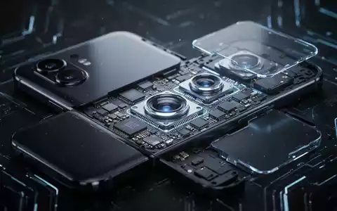Ein futuristisches Smartphone, teilweise zerlegt, zeigt Mikrochips und Kameralinsen, beleuchtet von kühlem Licht. - Foto: über boerse-global.de