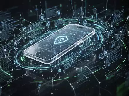 Digitales Netzwerk schützt Smartphone, symbolisiert KI in Cybersicherheit und Datenschutz. - Foto: über boerse-global.de