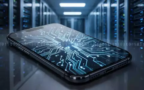 Nahaufnahme eines Smartphone-Bildschirms mit leuchtenden Schaltkreismustern, im Hintergrund ein unscharfer High-Tech-Serverraum. - Foto: über boerse-global.de