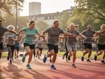 Eine vielfältige Gruppe von Menschen jeden Alters nimmt an einem Gemeinschaftssportevent in einem Park in Düsseldorf teil. - Foto: über boerse-global.de