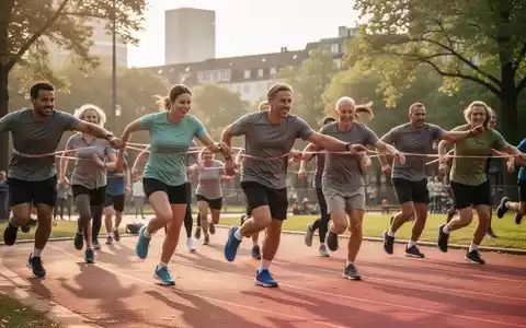 Eine vielfältige Gruppe von Menschen jeden Alters nimmt an einem Gemeinschaftssportevent in einem Park in Düsseldorf teil. - Foto: über boerse-global.de
