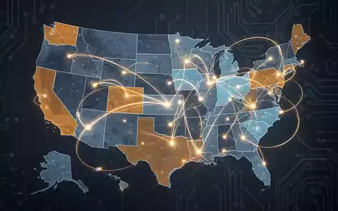 Stilisierte Karte der USA mit leuchtenden Linien zwischen Regionen, symbolisiert KI-Regulierung und Datenfluss. - Foto: über boerse-global.de