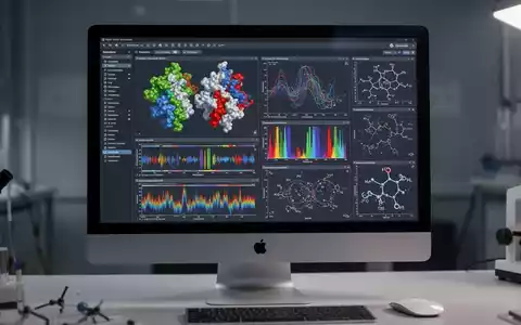 iMac mit KI-Workbench-Oberfläche, die wissenschaftliche Datenvisualisierungen zeigt, darunter 3D-Proteinstrukturen und Genomspuren. - Foto: über boerse-global.de
