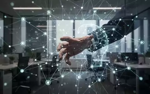Ein komplexes, leuchtendes Netzwerk digitaler KI-Systeme, das sich unkontrolliert in einem Büroumfeld ausbreitet, mit einer Hand, die die Kontrolle verliert. - Foto: über boerse-global.de
