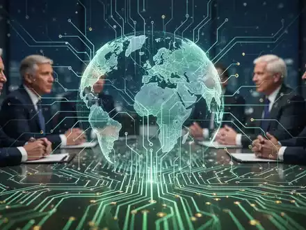 Leuchtendes neuronales Netz über einer Weltkugel, symbolisiert globale KI-Regulierung. Unscharfe Figuren von Weltführern und Tech-Managern im Hintergrund. - Foto: über boerse-global.de