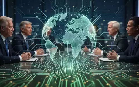 Leuchtendes neuronales Netz über einer Weltkugel, symbolisiert globale KI-Regulierung. Unscharfe Figuren von Weltführern und Tech-Managern im Hintergrund. - Foto: über boerse-global.de