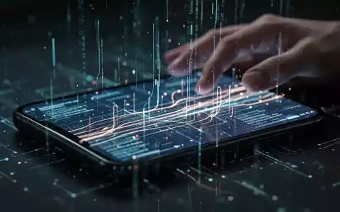 Nahaufnahme eines Smartphone-Bildschirms mit abstrakten Datenströmen und einer leicht verschwommenen Hand, die nach dem Bildschirm greift. - Foto: über boerse-global.de