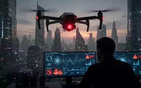Eine Drohne fliegt über eine Stadt bei Dämmerung, ihr Kameraobjektiv leuchtet rot. Im Vordergrund ein Computerbildschirm mit Warnmeldungen. - Foto: über boerse-global.de