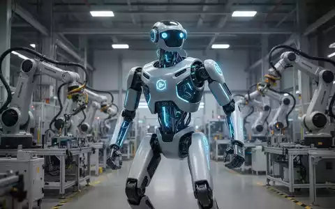 Fortschrittlicher humanoider Elektroroboter, ähnlich Boston Dynamics Atlas, steht in einer Fabrikhalle mit Roboterarmen im Hintergrund. - Foto: über boerse-global.de