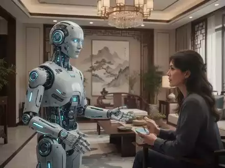 Schlanker, bionischer humanoider Roboter in einem modernen chinesischen Wohnzimmer, interagiert dezent mit einer sitzenden Person. - Foto: über boerse-global.de