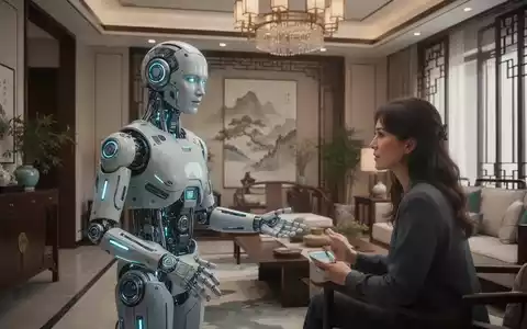 Schlanker, bionischer humanoider Roboter in einem modernen chinesischen Wohnzimmer, interagiert dezent mit einer sitzenden Person. - Foto: über boerse-global.de