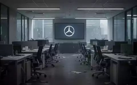 Ein verlassenes, modernes Büro mit leeren Schreibtischen und Stühlen, ein Mercedes-Benz-Logo auf einem Bildschirm im Hintergrund. - Foto: über boerse-global.de