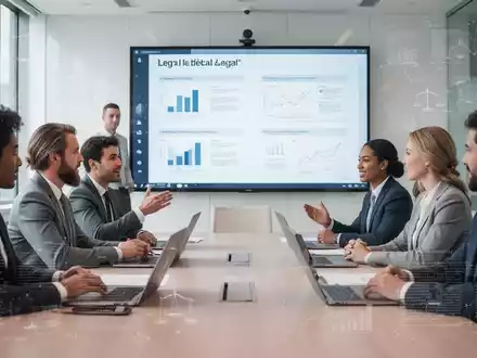 HR-Fachkräfte nehmen an einem Arbeitsrecht-Webinar teil, das auf einem großen Bildschirm angezeigt wird, um sich über neue Vorschriften zu informieren. - Foto: über boerse-global.de
