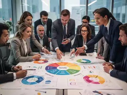 Geschäftsleute in einem Workshop, die Persönlichkeitsprofile und Diagramme analysieren, um Zusammenarbeit und Entwicklung zu fördern. - Foto: über boerse-global.de