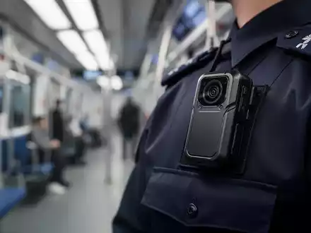 Nahaufnahme einer Bodycam, die an einer Uniform befestigt ist, mit einem unscharfen Hintergrund, der einen Zug oder Bahnhof andeutet. - Foto: über boerse-global.de