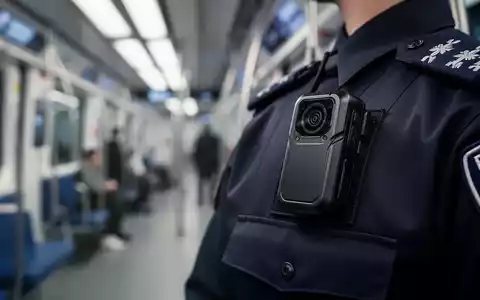 Nahaufnahme einer Bodycam, die an einer Uniform befestigt ist, mit einem unscharfen Hintergrund, der einen Zug oder Bahnhof andeutet. - Foto: über boerse-global.de
