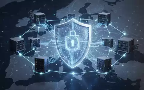 Digitaler Schild schützt Datenfluss zwischen vernetzten Serverknoten, symbolisiert digitale Souveränität und Cybersicherheit in Europa. - Foto: über boerse-global.de