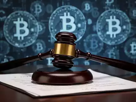 Ein Hammer liegt auf juristischen Dokumenten, mit verschwommenem Hintergrund von Kryptowährungssymbolen, die die Überschneidung von Recht und digitaler Finanzen symbolisieren. - Foto: über boerse-global.de