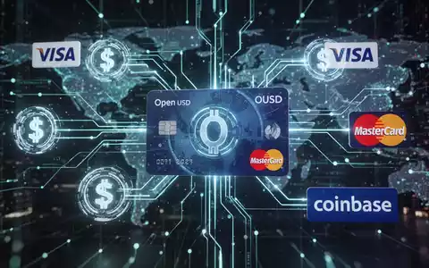 Digitale Darstellung einer Stablecoin mit integriertem Branding von Visa, Mastercard und Coinbase, verbunden durch leuchtende Datenlinien. - Foto: über boerse-global.de