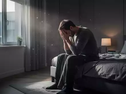 Ein Mann sitzt allein auf einem Bett, den Kopf in den Händen, in einem schwach beleuchteten Raum, der Nachdenklichkeit und Isolation vermittelt. - Foto: über boerse-global.de