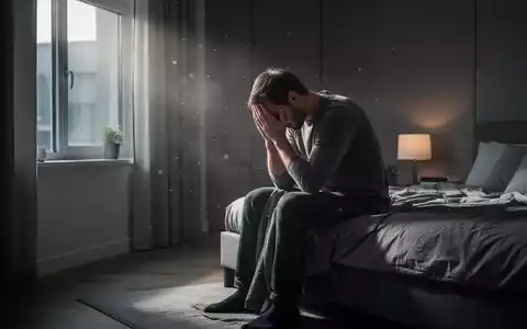 Ein Mann sitzt allein auf einem Bett, den Kopf in den Händen, in einem schwach beleuchteten Raum, der Nachdenklichkeit und Isolation vermittelt. - Foto: über boerse-global.de