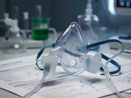 Nahaufnahme einer Inhalatormaske mit verschwommenen medizinischen Geräten und Forschungsdokumenten im Hintergrund, die medizinische Forschung symbolisiert. - Foto: über boerse-global.de