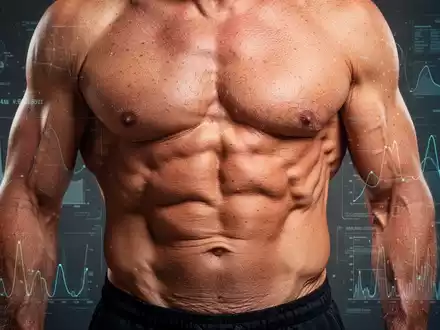 Nahaufnahme des muskulösen Oberkörpers eines Mannes mittleren Alters, der Stärke und Stoffwechselgesundheit symbolisiert, mit abstrakten wissenschaftlichen Daten im Hintergrund. - Foto: über boerse-global.de