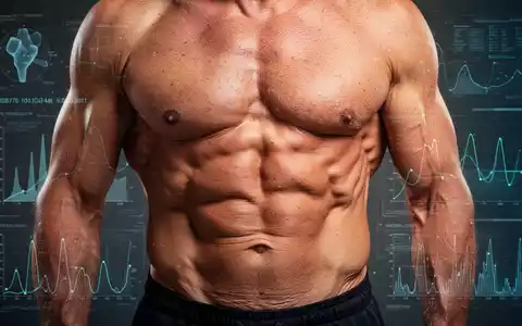 Nahaufnahme des muskulösen Oberkörpers eines Mannes mittleren Alters, der Stärke und Stoffwechselgesundheit symbolisiert, mit abstrakten wissenschaftlichen Daten im Hintergrund. - Foto: über boerse-global.de