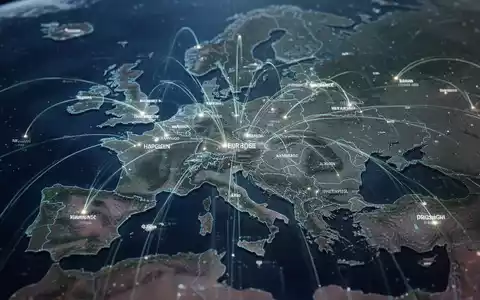 Abstrakte Darstellung von Datenströmen über einer Europakarte, die grenzüberschreitende Arbeit und Bürokratieabbau symbolisiert. - Foto: über boerse-global.de
