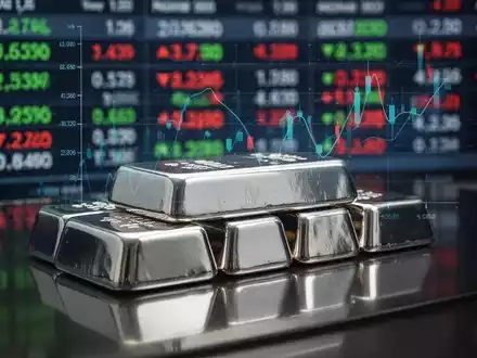 Ein glänzender Silberbarren, der Licht reflektiert, mit einem unscharfen digitalen Börsenticker im Hintergrund. - Foto: über boerse-global.de