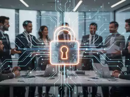 Ein stilisiertes, leuchtendes Vorhängeschloss-Symbol über einem komplexen digitalen Netzwerkdiagramm, das Cybersicherheit darstellt. - Foto: über boerse-global.de