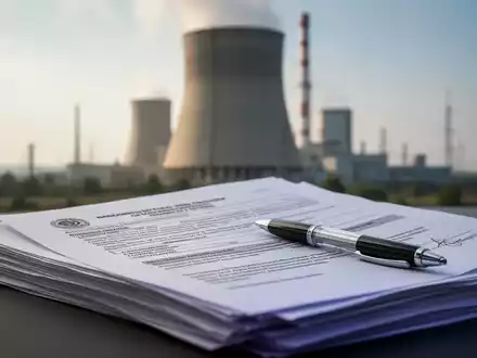 Ein unscharfer Kühlturm eines Kernkraftwerks im Hintergrund, im Vordergrund scharfe offizielle Dokumente und ein Stift. - Foto: über boerse-global.de
