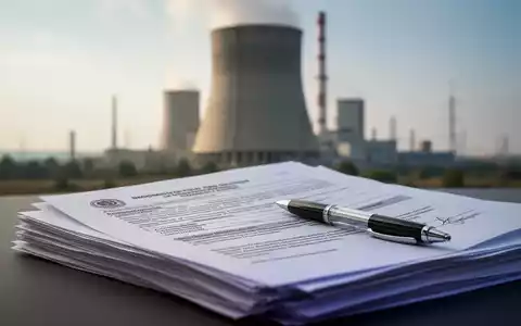 Ein unscharfer Kühlturm eines Kernkraftwerks im Hintergrund, im Vordergrund scharfe offizielle Dokumente und ein Stift. - Foto: über boerse-global.de